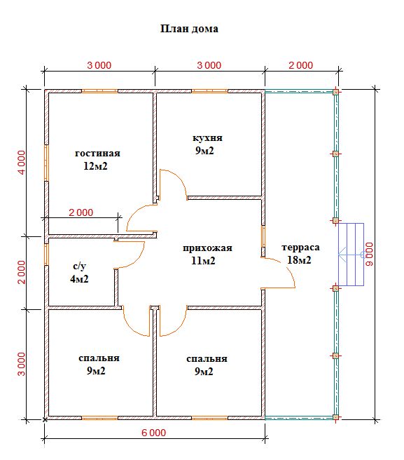 План одноэтажного дома 9 на 9 с террасой