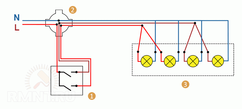 Как подключить люстру к двухклавишному выключателю схема
