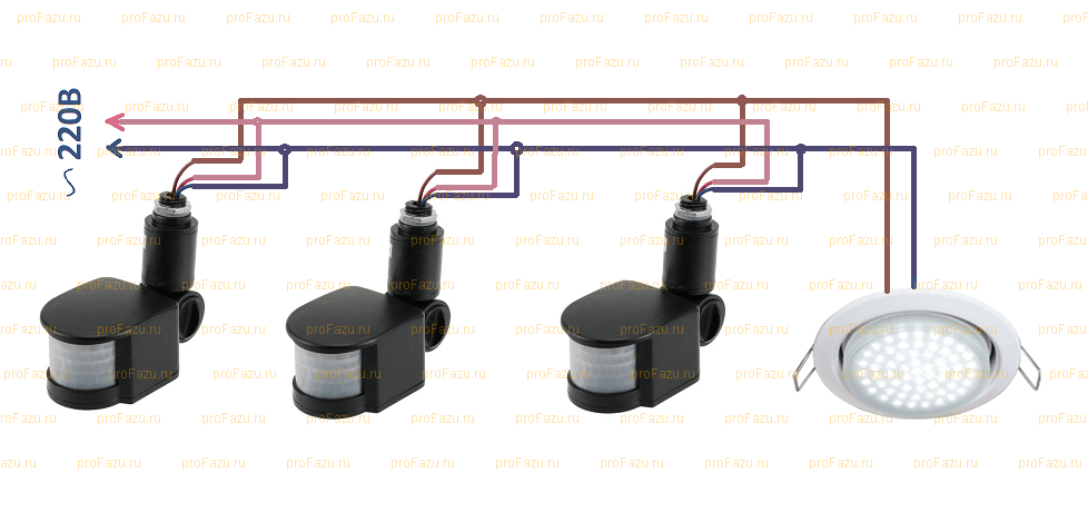 Датчики два. Схема подключения двух датчиков движения для освещения. Схема параллельного подключения датчиков движения. Схема подключения датчиков движения параллельно. Схема подключения нескольких датчиков движения на одну лампу.