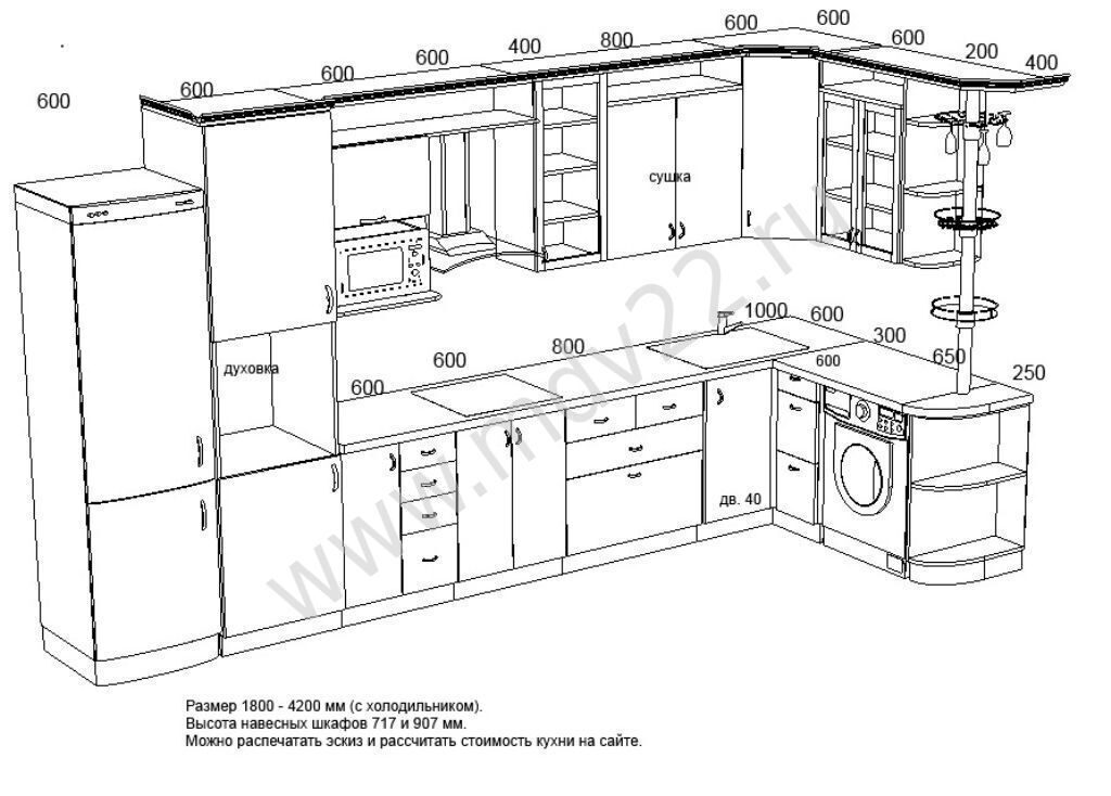 Схема кухни угловой с размерами и размещением
