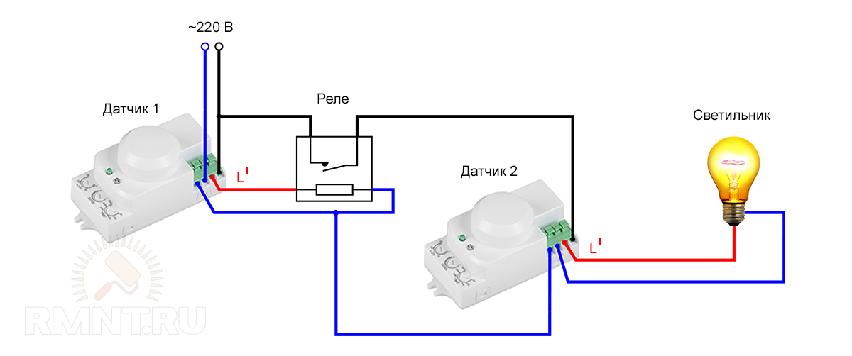 Схема подключения двух датчиков движения для освещения