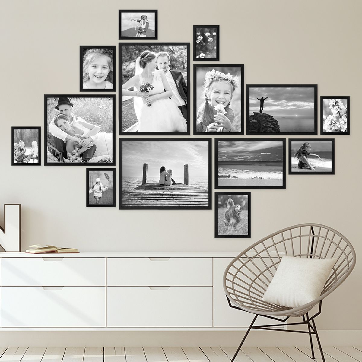 как красиво разместить фото на стене