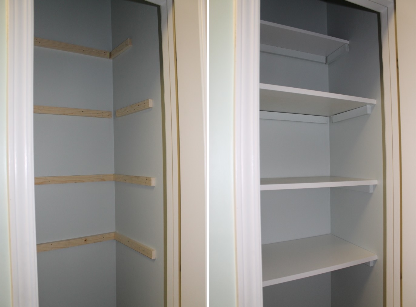 Painted white wooden shelves for closet