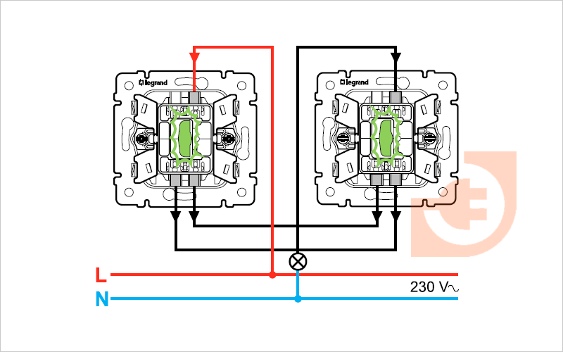 Схема подключения проходного выключателя с 2х мест одноклавишный. Схема двухклавишного проходного выключателя Werkel. Схема соединения 2 проходных выключателей. Схема подключения проходного выключателя одноклавишного. Соединение проходного выключателя