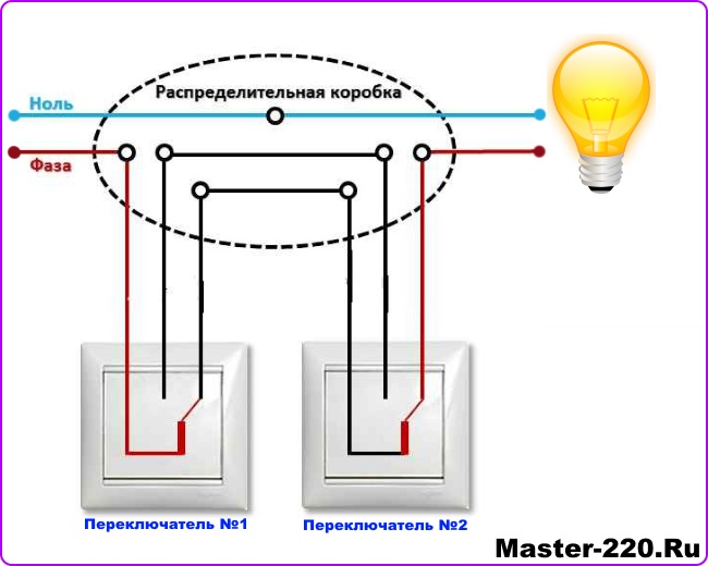 Схема расключения проходного выключателя с двух