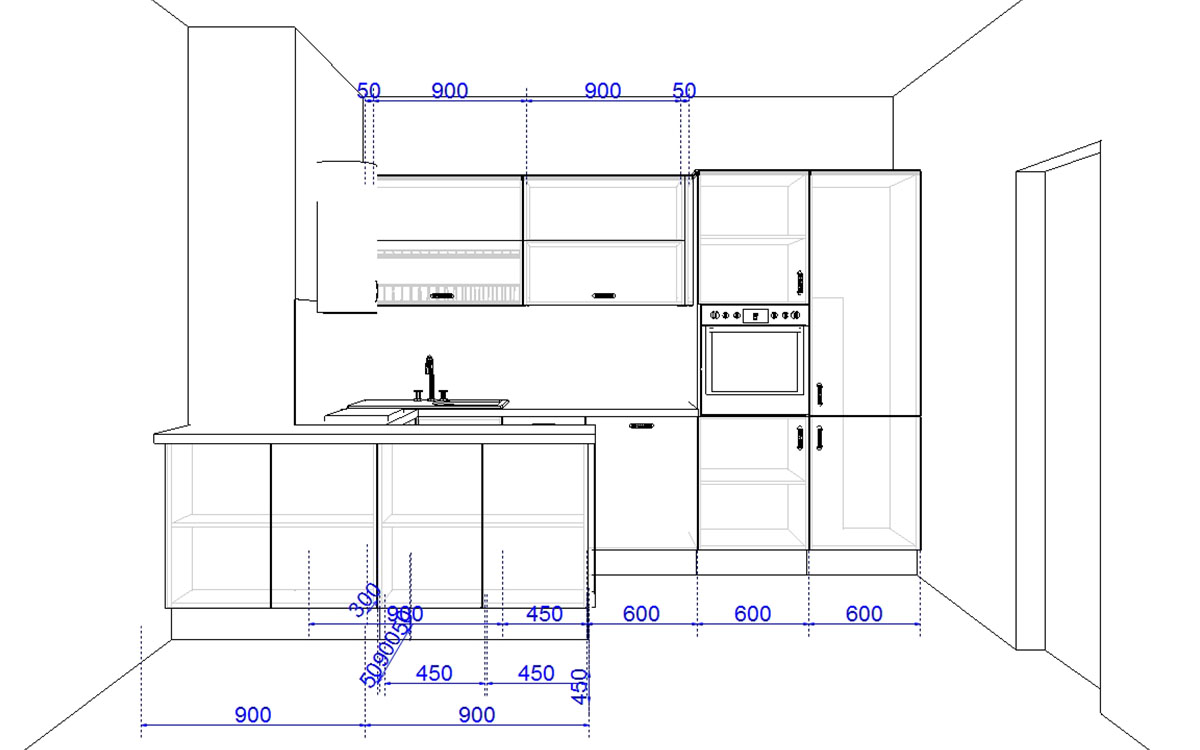 Чертеж кухни с размерами