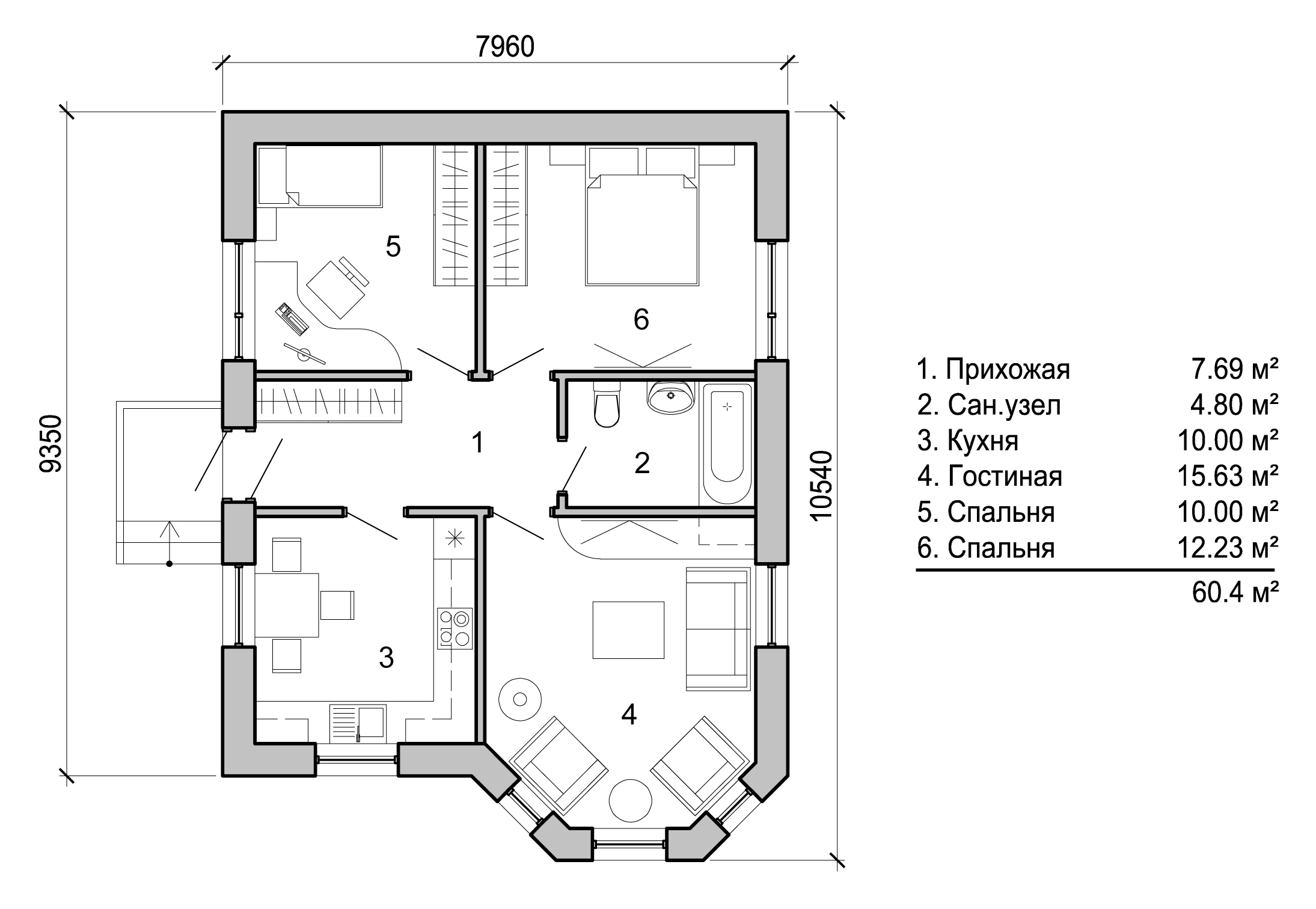 Дом 60 м2 одноэтажный планировка 2 спальни