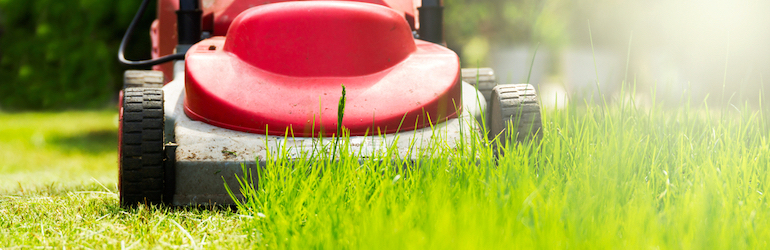 shot of a red lawnmover cutting down the grass growth on a sunny day